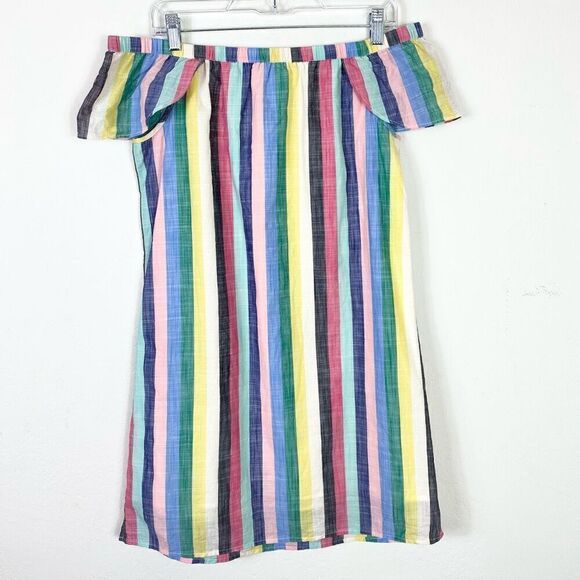 J. Crew Rainbow Stripe Off the Shoulder Flutter Sleeve Mini Shift Dress Size 6 - Picture 3 of 7